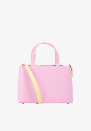 Pink rectangular handbag with short handles and a detachable yellow shoulder strap against white background.