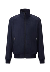 Veste bomber bleu marine avec un col montant, fermeture éclair à l'avant, deux poches latérales et des poignets et un ourlet côtelés. Tissu texturé avec un léger éclat.