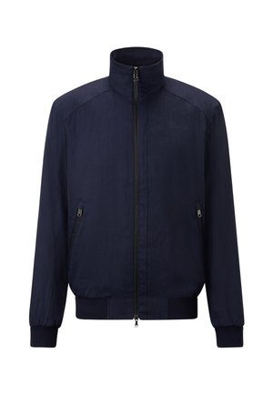 Navy blue bomber jacket with a stand collar, front zipper, two side pockets, and ribbed cuffs and hem. Textured fabric with a subtle sheen.
