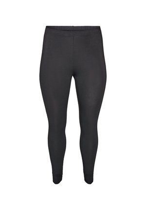 Leggings negros ajustados con cintura alta y largo hasta el tobillo, mostrados sobre un fondo blanco.