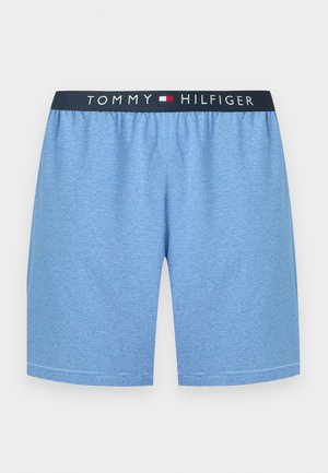 Hellblaue gestreifte Boxershorts mit navyfarbenem elastischem Bund, auf dem der Schriftzug "Tommy Hilfiger" und ein Logo in Weiß und Rot zu sehen sind.