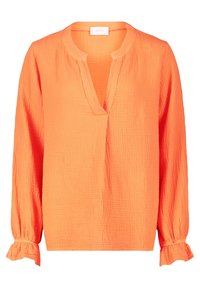 Blusa arancione a maniche lunghe con colletto, realizzata in un tessuto testurizzato, dotata di un parziale bottone frontale e polsini arricciati.