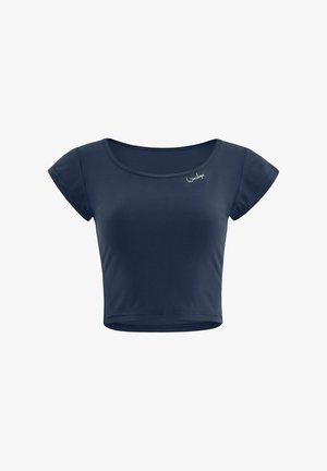 Jūras spēku zila īsa t-krekla augšdaļa, izgatavota no mīksta auduma, ar apaļu kakla izgriezumu un īsām piedurknēm, ar mazu logotipu augšējā kreisajā stūrī.