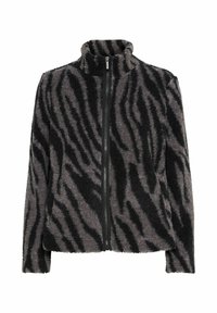 Veste en polaire noire et grise à rayures zébrées avec col montant, fermeture éclair à l'avant et deux poches latérales. Matériau texturé et doux.