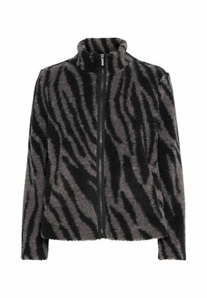 Schwarz-weiß gestreifter Fleece-Jacke mit hohem Kragen, vorderem Reißverschluss und zwei Seitentaschen. Strukturierter, weicher Stoff.