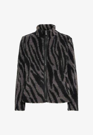 Schwarz-weiß gestreifter Fleece-Jacke mit hohem Kragen, vorderem Reißverschluss und zwei Seitentaschen. Strukturierter, weicher Stoff.