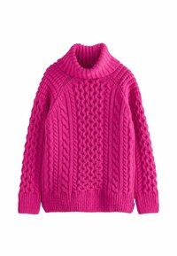 Pull en tricot fuchsia avec col montant, motif en torsades, poignets et ourlet côtelés, ayant une coupe décontractée et une surface texturée.