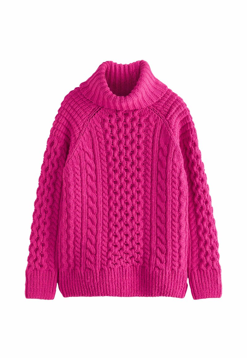 Pull en tricot fuchsia avec col montant, motif en torsades, poignets et ourlet côtelés, ayant une coupe décontractée et une surface texturée.