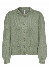 Zielony sweter robiony na drutach z okrągłym dekoltem, bufiastymi rękawami i pięcioma ozdobnymi guzikami w srebrnym odcieniu z przodu. Teksturowany materiał.