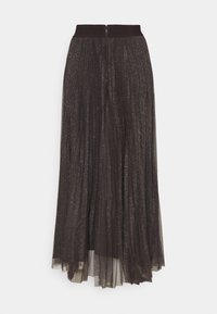 Plisseerok van donkerbruine tule met zilveren glitters; beschikt over een brede elastische tailleband en een rits aan de achterkant.