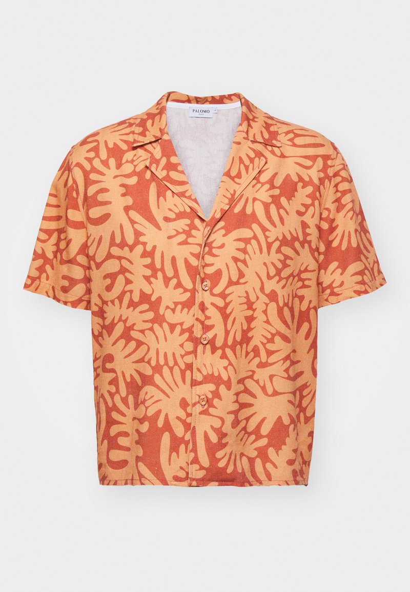 Short-sleeve shirt in orange and beige, featuring a leaf pattern. Made of textured fabric with a button front and a relaxed fit.