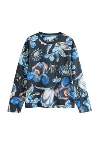 Długi rękaw bluzowy w ciemnym materiale z kwiatowym wzorem w odcieniach niebieskiego, kremowego i zielonego. Okrągły dekolt i luźny krój.
