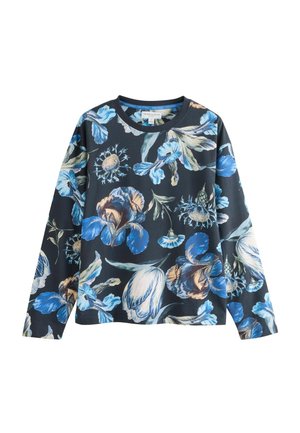 Langarm-Sweatshirt aus dunklem Stoff mit floralem Muster in Blau-, Creme- und Grüntönen. Runder Ausschnitt und lockerer Schnitt.