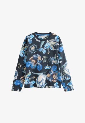 Langarm-Sweatshirt aus dunklem Stoff mit floralem Muster in Blau-, Creme- und Grüntönen. Runder Ausschnitt und lockerer Schnitt.