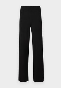 Čierne nohavice so straight-leg strihom a elastickým pásom, vystavené na jednotnom bielom pozadí.