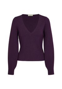 Maglione a costine viola con scollatura a V profonda e maniche lunghe, caratterizzato da una silhouette aderente e un tessuto testurizzato. Etichetta: Falke.