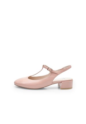 Scarpa slingback in pelle rosa con design a T, tacco basso a blocco, punta arrotondata e fibbia regolabile alla caviglia. Texture liscia, stile minimalista.