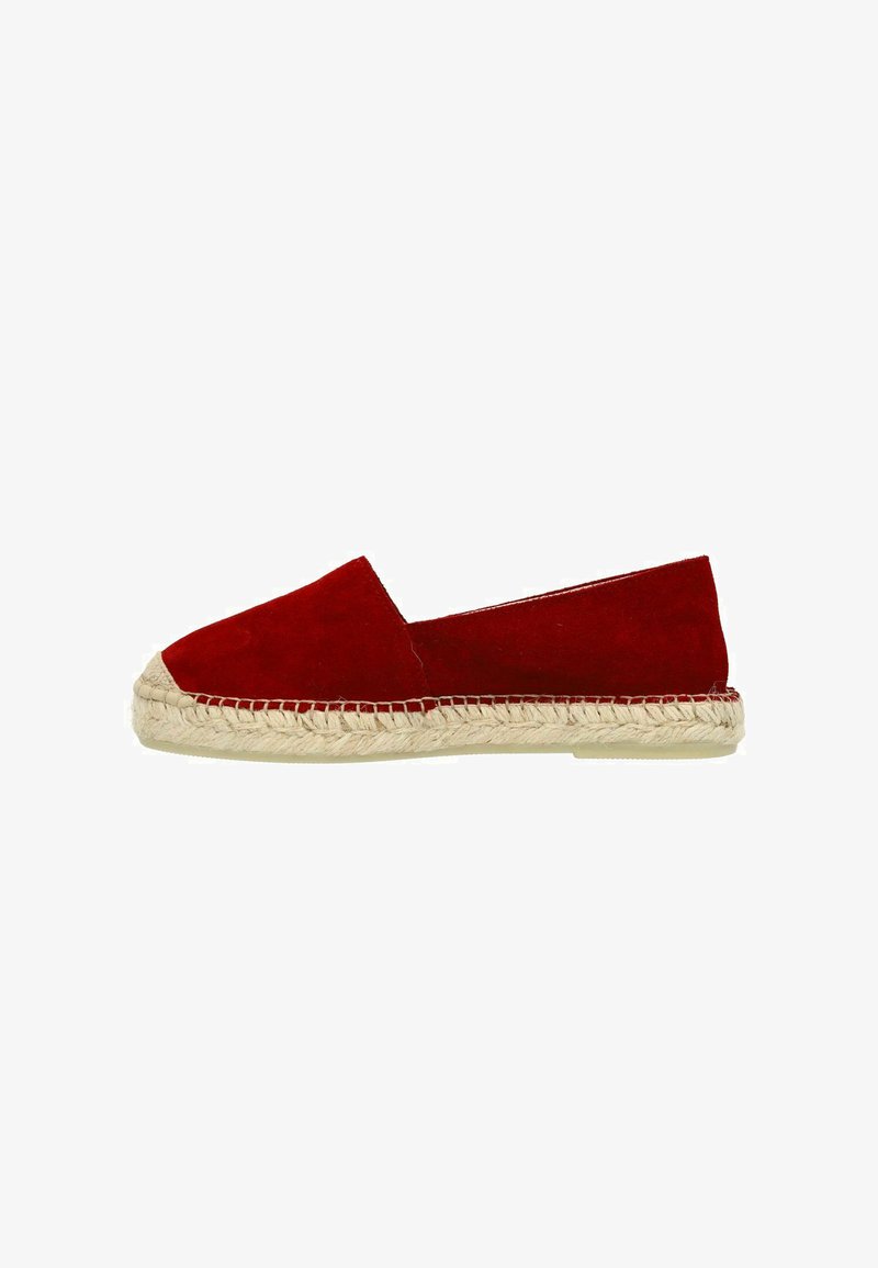 Red suede espadrille with a rounded toe, featuring a woven jute midsole and flat rubber outsole. Simple, slip-on design.