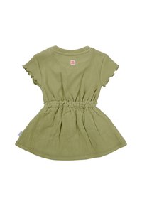 Groene, geribbelde katoenen jurk met korte, gerimpelde mouwen, gathered taille en uitlopende rok. Label bij de hals. Zachte textuur en casual ontwerp.