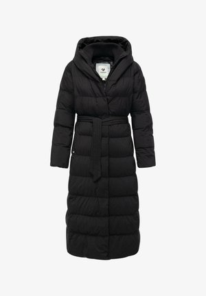 Giacca a vento nera con cappuccio, vita con cinturino, maniche lunghe e design trapuntato. Presenta una chiusura frontale con zip e una morbida fodera interna.