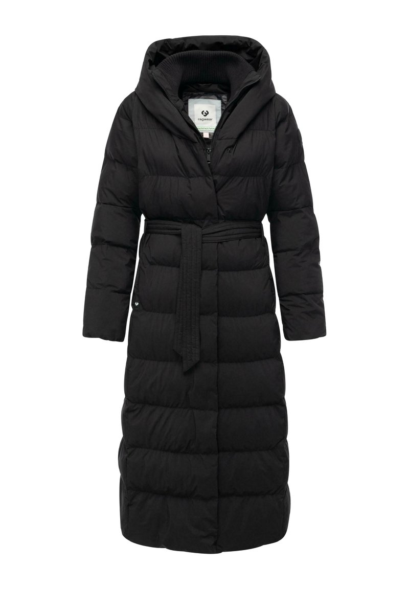 Giacca a vento nera con cappuccio, vita con cinturino, maniche lunghe e design trapuntato. Presenta una chiusura frontale con zip e una morbida fodera interna.