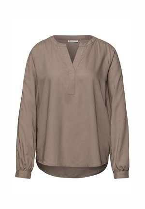 Long-sleeve taupe blouse with a round neckline, a V-shaped front slit, cuffed sleeves, and a slightly curved hem.