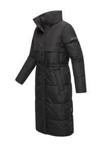 Black quilted puffer coat with high collar, adjustable waist, long sleeves, side pockets, and button accents at the hem.