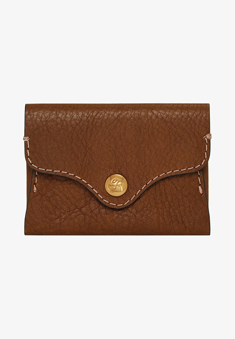 Brown leather wallet with a textured surface, curved flap closure, and gold-tone snap embellishment. Features contrasting stitching details.