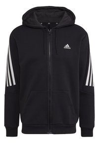 Sweat à capuche zippé noir en mélange de coton, avec une capuche à cordon de serrage, deux poches avant et trois bandes blanches sur chaque manche.