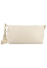 Bolso de mano sintético beige con una textura suave, forma rectangular, detalles en dorado y una correa de hombro desmontable.