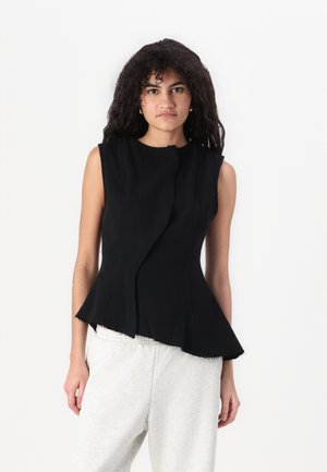 Black sleeveless top with a structured peplum design and raw edges. Made from textured fabric, featuring a button closure at the neck.