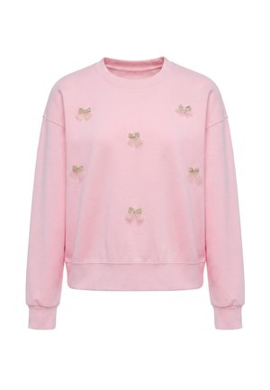 Lyserød langærmet sweatshirt med seks små dekorative beige sløjfer jævnt placeret foran, rund hals og ribkant ved ærmerne.