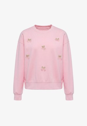 Lyserød langærmet sweatshirt med seks små dekorative beige sløjfer jævnt placeret foran, rund hals og ribkant ved ærmerne.