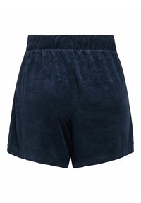 Marineblaue Frottier-Shorts mit elastischem Bund. Weicher Stoff und lockerer Schnitt, mit einem schlichten Design ohne zusätzliche Akzente.