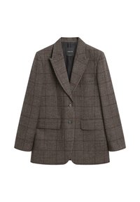 Blazer a quadri marrone realizzato in tessuto testurizzato. Presenta un colletto a punte, due tasche frontali e due bottoni. Interno foderato con una leggera lucentezza.