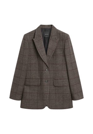 Bruine geruite blazer gemaakt van textuurstof. Heeft een geknipt revers, twee voorzakken en twee knopen. Voering met een subtiele glans.