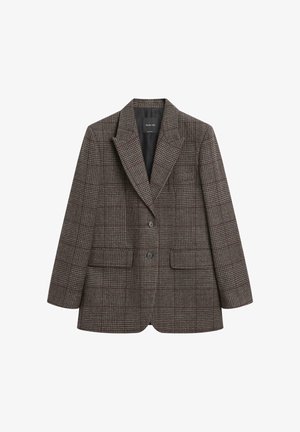 Bruine geruite blazer gemaakt van textuurstof. Heeft een geknipt revers, twee voorzakken en twee knopen. Voering met een subtiele glans.