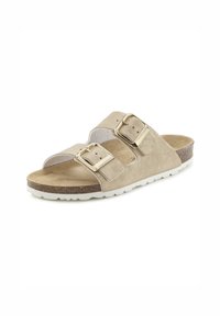 Tan suede slide sandal with two adjustable buckle straps, contoured footbed, and a white rubber sole. Features a textured surface.