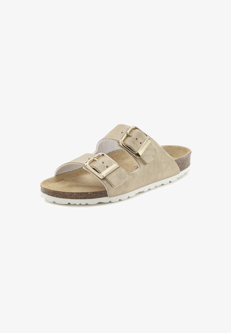 Tan suede slide sandal with two adjustable buckle straps, contoured footbed, and a white rubber sole. Features a textured surface.
