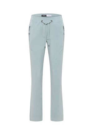 Hellblaue, leichte Hose mit einem elastischen Bund, Kordelzug und seitlichen Reißverschlusstaschen. Gerader Schnitt mit einer glatten Textur.