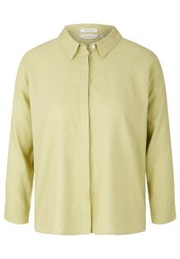 Camicia di lino verde chiaro con colletto, chiusura a bottoni e maniche a tre quarti. Tessuto liscio e design informale.
