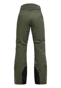 Groene outdoorbroeken van duurzame stof, met een recht model, versterkte zwarte accenten bij de enkels en een middelhoge tailleband.
