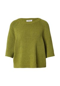 Losse groene gebreide trui met een ruime halslijn, korte mouwen, ribgebreide manchetten en zoom. Zachte textuur en lichte uitstraling.