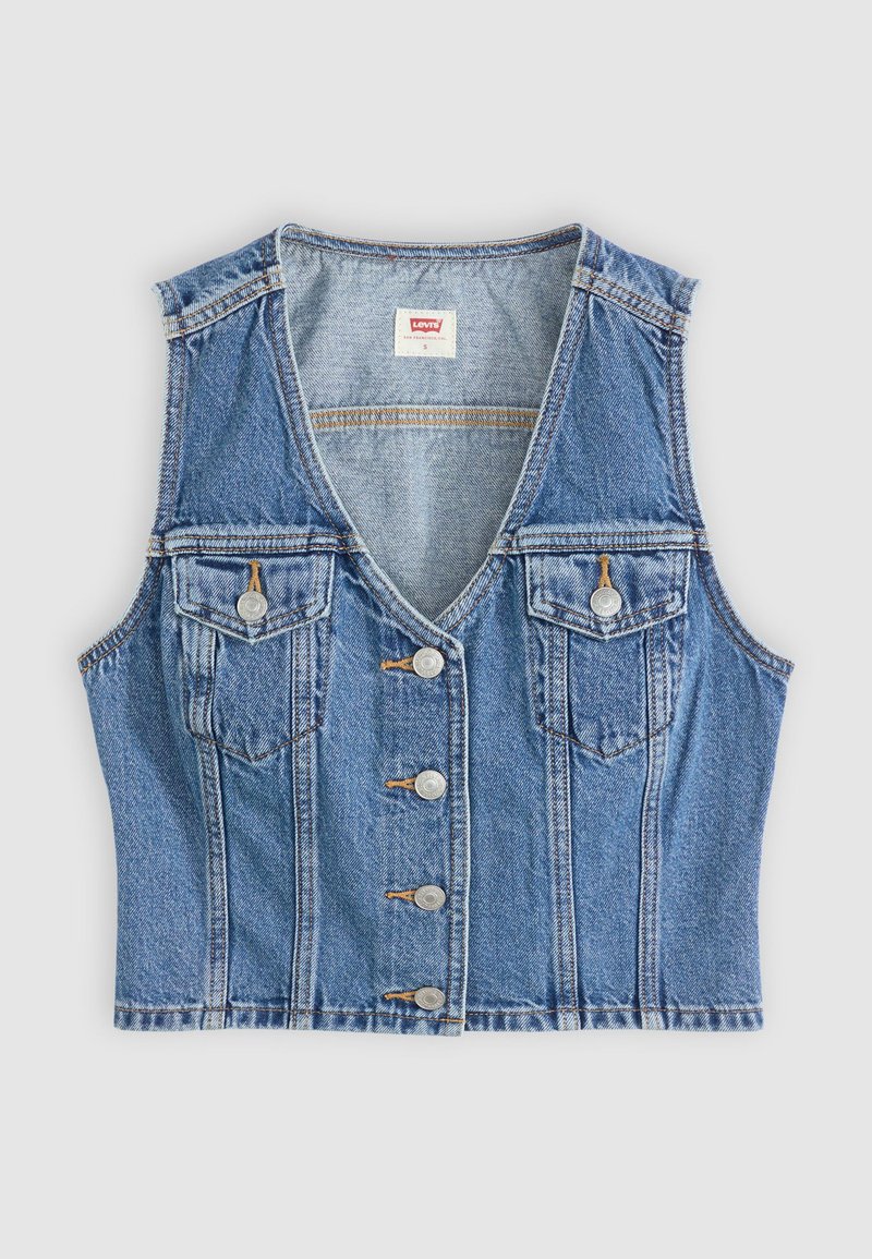 Denimweste in Hellblau, mit V-Ausschnitt, fünf vorderen Knöpfen und zwei Brusttaschen mit einer verwaschenen Optik.