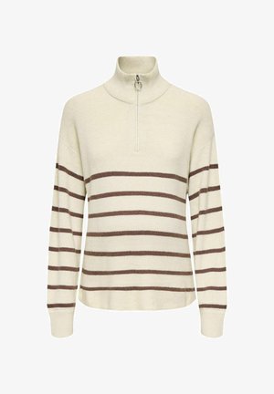 Cremefarbener Pullover mit hohem Kragen und einem halben Reißverschluss. Besitzt horizontale braune Streifen, gerippte Bündchen und einen weichen, strukturierten Stoff.