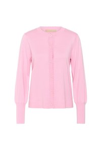 Rosa stickad kofta med rund halsringning, vågiga kanter, långa ärmar och en knappstängning med pärl-liknande knappar fram.