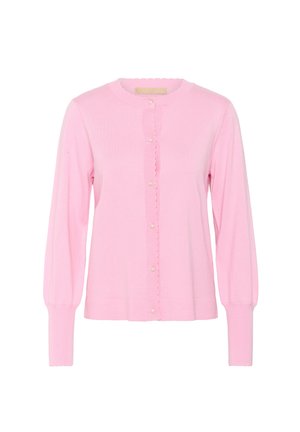 Růžový pletený cardigan s kulatým výstřihem, vlnitými okraji, dlouhými rukávy a zapínáním na knoflíky s perlovo podobnými knoflíky vpředu.