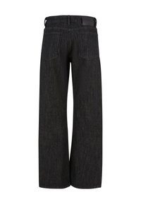 Well-long black denim pants with a textured finish, featuring a high waist, two back pockets, and a leather waistband accent.