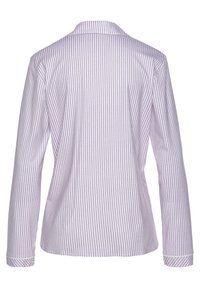 Long-sleeved shirt in light purple and white vertical stripes. Cotton fabric, standard collar, and cuffs with white piping detail.