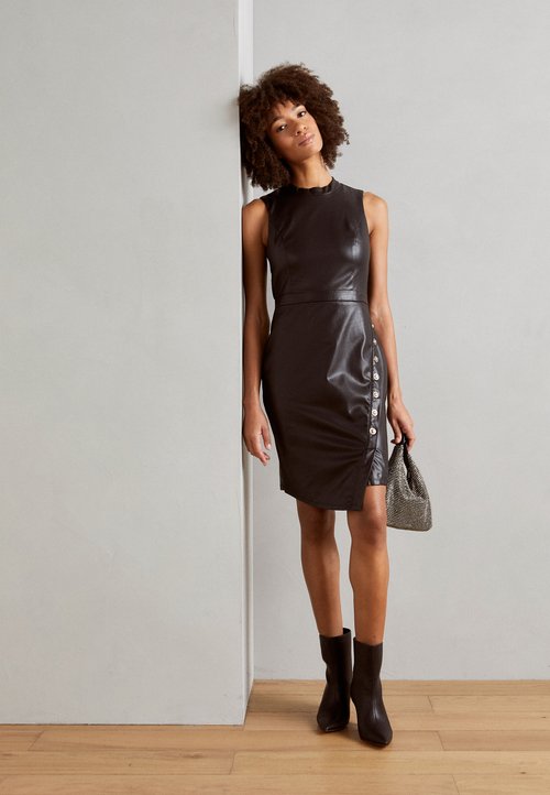 black faux leather shift dress Black Faux Leather Short Sleeve Mini Shift Dress main image 0